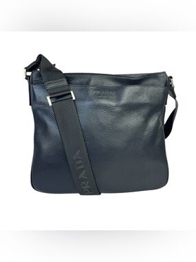 Prada Navy Blue Pebbled Leather Messenger Bag with Branded Strap